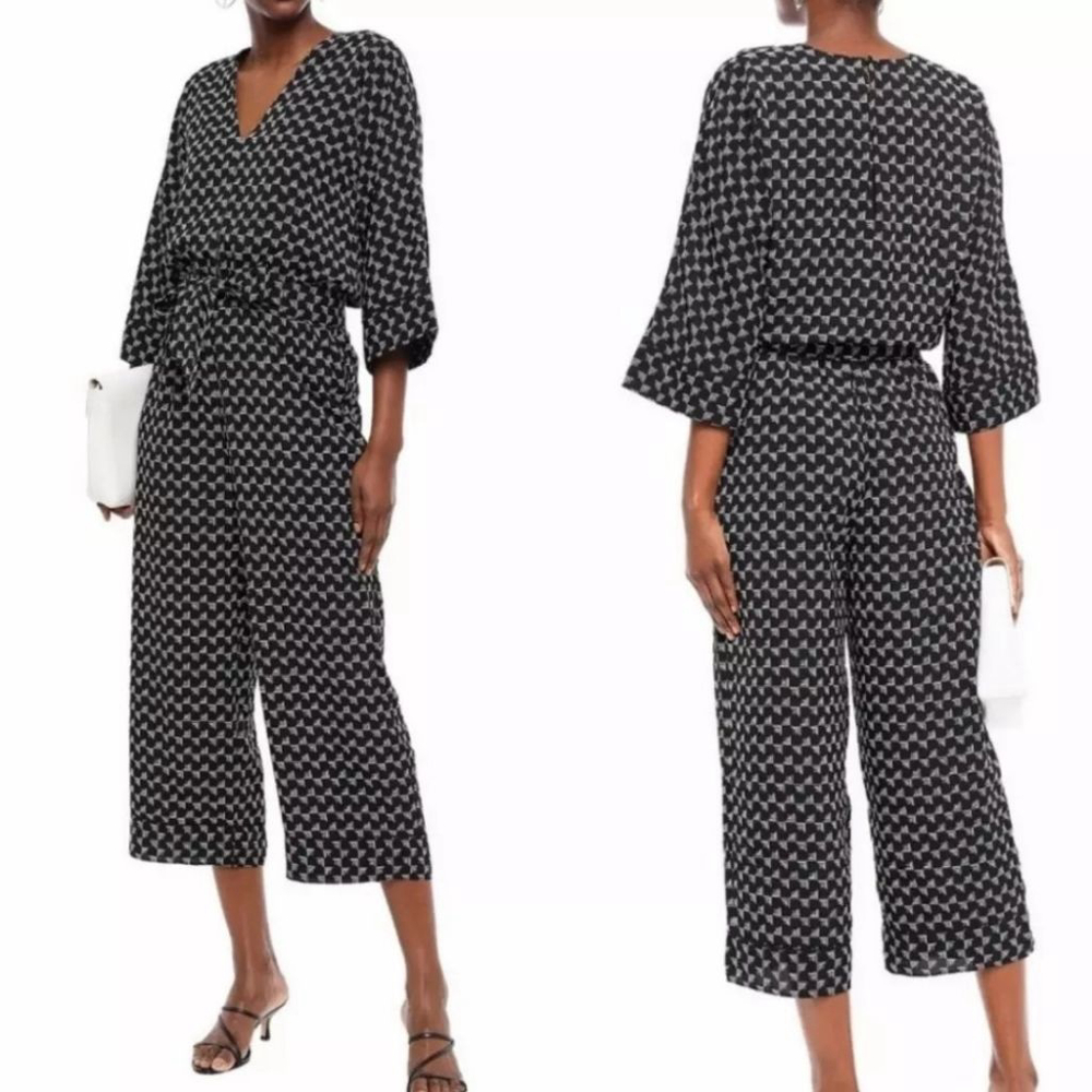 Joie Burgess Geometric Print Jumpsuit Womens XXS Bell 3/4 Sleeve & Cropped Pant